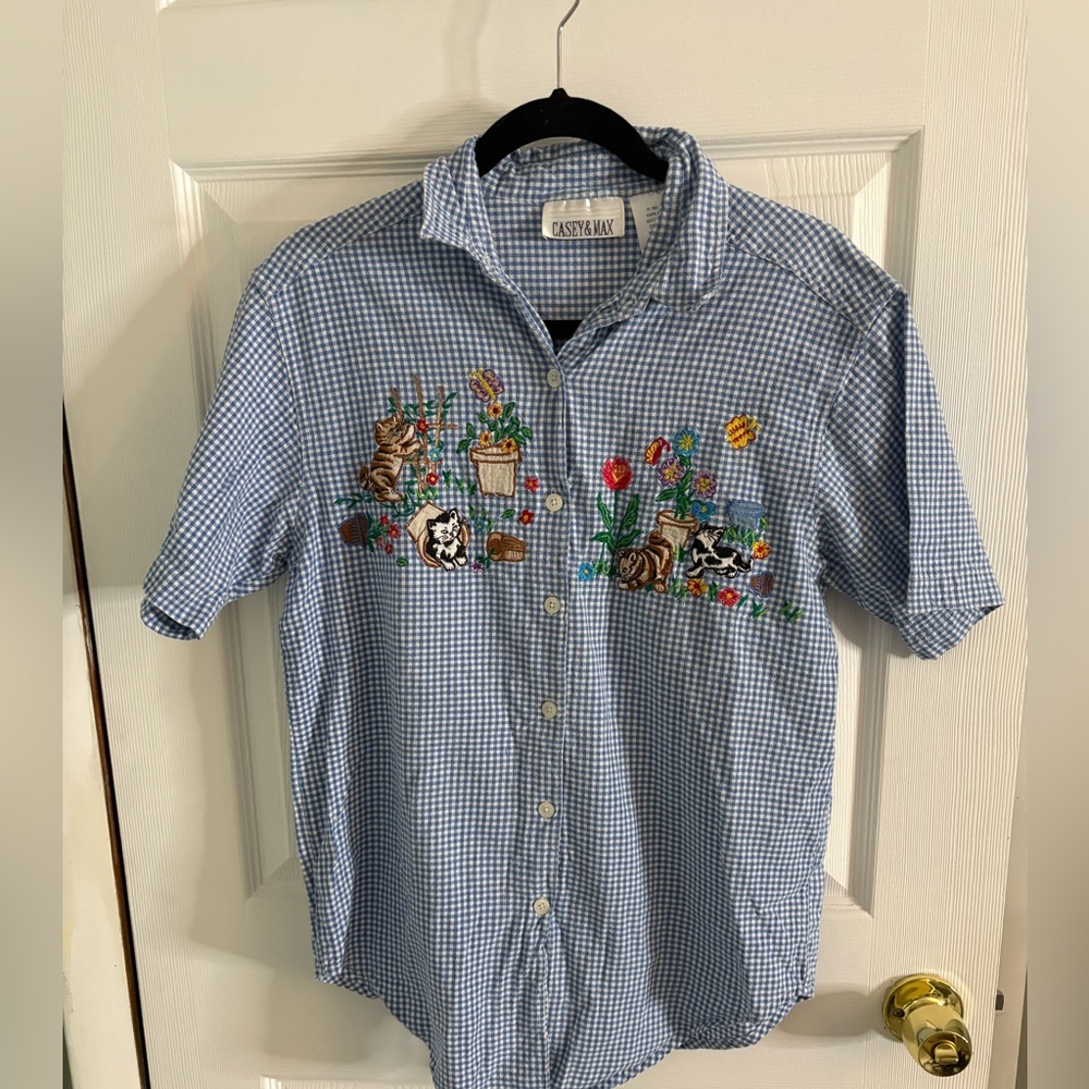 Casey & Max Blue Gingham Button-Down Shirt with Embroidered Garden Motif